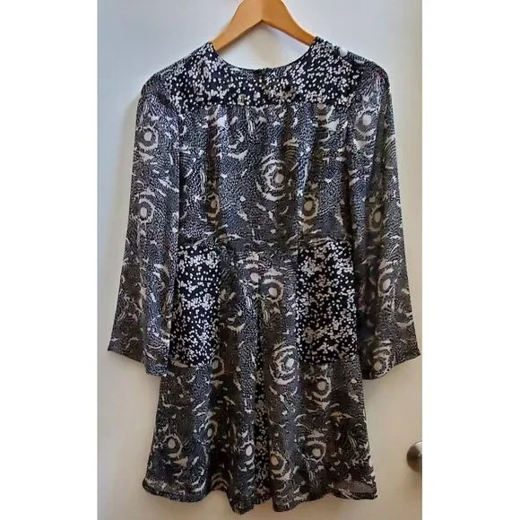 Walter Baker Dress 0 Black/Tan Print Soft Pleats Ruffled Lined Bodice Sheer Arms - Picture 2 of 8